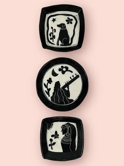A set of three custom wall plates, each telling a part of a personal story. This commission celebrated a passion for music, acting, and the love for a dog named Scotch. Collaborating on such meaningful pieces is one of the most rewarding parts of my craft.