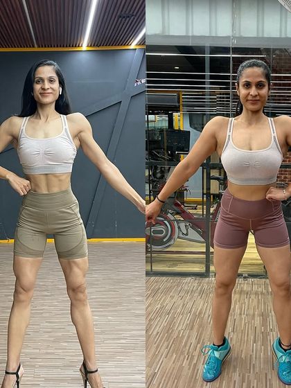 A front-pose comparison showing the contrast between my stage-ready body and my off-season body. The goal of the off-season is to build the muscle that will be revealed in the next cut.