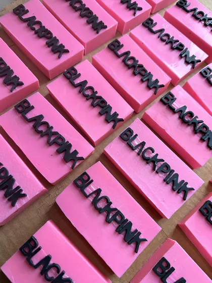 Rows of my popular Blackpink-themed soaps, handcrafted in the signature pink and black colors.