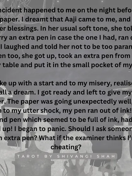 A heartwarming story of a grandmother visiting in a dream to leave an extra pen for an exam, which miraculously appears in real life.