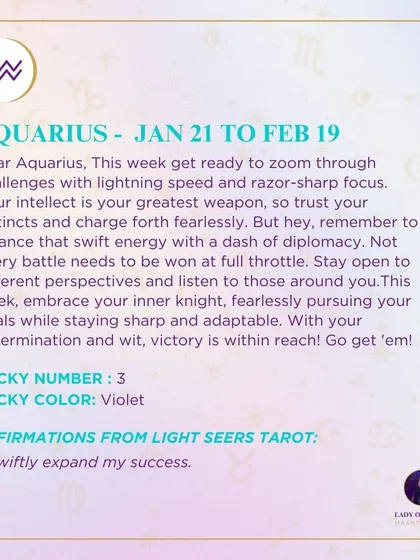 This week's tarot guidance for Aquarius. Get ready to zoom through challenges with lightning speed and razor-sharp focus. Your intellect is your greatest weapon.