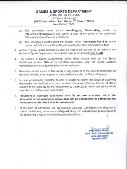 This document outlines further post-selection formalities. It includes submitting an anti-ragging undertaking, the admission fee slip, and the process for sports certificate verification by the Games & Sports Department.