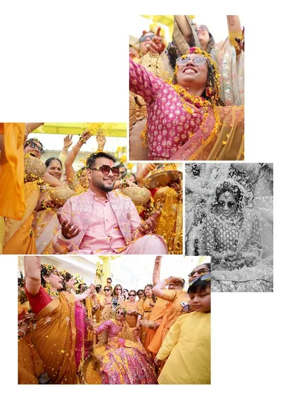 A collage capturing the pure joy of a Haldi ceremony, with the bride being showered in flower petals.