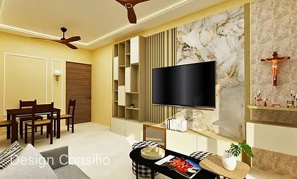 Another view of the living room, showing how the TV unit and altar are integrated with the dining area. We ensure every part of the home flows together seamlessly in our turnkey projects.