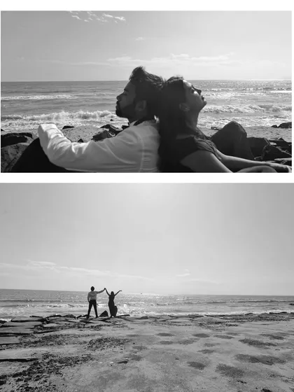 A creative black and white diptych from the beach. One shot shows the couple relaxing back-to-back, while the other captures a joyful, free-spirited moment by the waves.