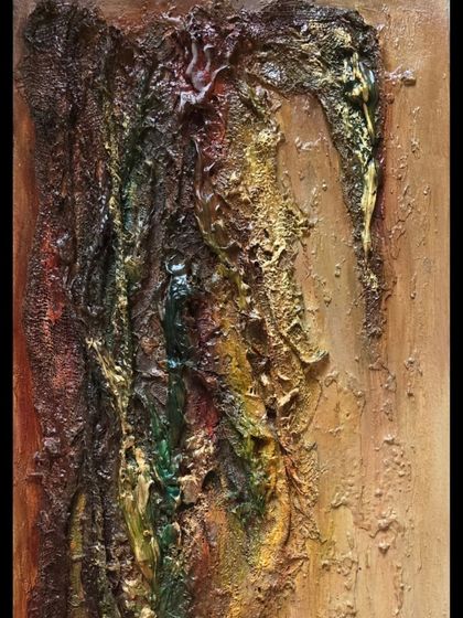 This artwork is inspired by the weathered charm of ancient walls and doors. I used textured layers and unconventional materials to evoke a tactile experience, with a shimmer of gold offering a ray of hope.