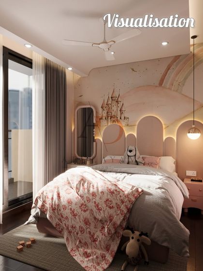 The 3D visualization of a whimsical child's bedroom, complete with a castle mural and a rainbow-themed design.
