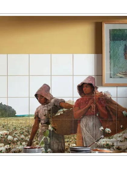 Art can tell powerful stories. This custom tile mural, depicting women in a cotton field, transforms a kitchen backsplash into a narrative piece, blending art history with everyday function.