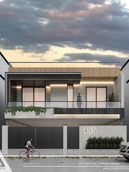 A residential elevation proposal featuring a prominent balcony with vertical wooden slats for shade and privacy. The design is simple, functional, and modern.