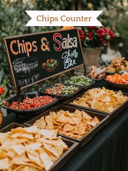 A casual and crowd-pleasing Chips and Salsa Bar. This is a great way to offer savory snacks during a relaxed event like a pool party or Mehendi.