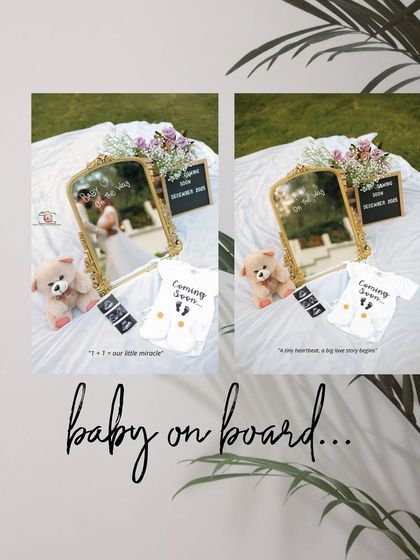 A creative flat lay announcement featuring a mirror reflecting the baby bump, a 'Coming Soon' onesie, and a letterboard. This is a unique way to announce a pregnancy.