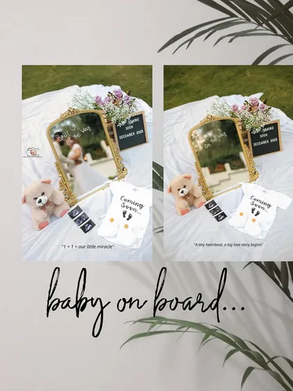 A creative flat lay announcement featuring a mirror reflecting the baby bump, a 'Coming Soon' onesie, and a letterboard. This is a unique way to announce a pregnancy.