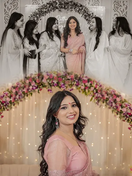 A collage from a Roka ceremony, featuring a portrait of the bride and a black and white shot with her bridesmaids.