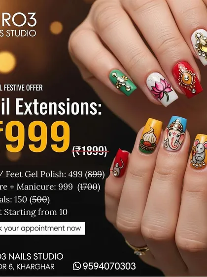 We love celebrating with you. This set was created for Ganesh Chaturthi, featuring intricate, hand-painted motifs of Lord Ganesha, a lotus, and modaks. We often run special festive offers, so you can get premium nail art for any occasion.