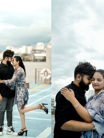 This collage shows different angles of the couple by the river, demonstrating a variety of romantic poses against a city backdrop.