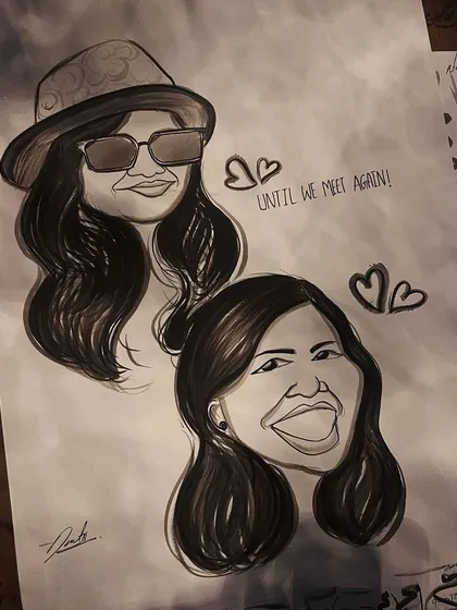 "Until We Meet Again." A touching caricature that captures a special bond between two people, perfect for a farewell gift or to remember a friend.