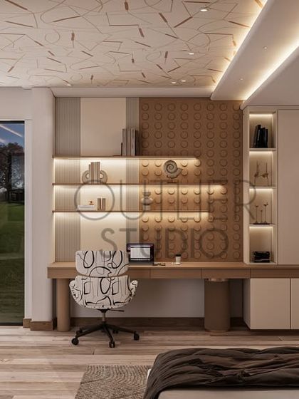 A view of the functional and stylish study area in the teenage girl's bedroom. The space includes a built-in desk with ample shelving and a unique patterned ceiling that adds a touch of creativity.