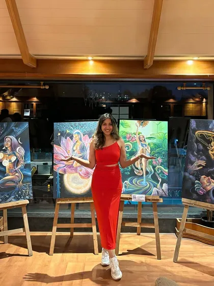Here I am with my 2023 exhibition series. Each painting was a step deeper into my own spiritual and creative journey. Seeing them together represents my commitment to developing a cohesive body of work that speaks from the heart, a practice I bring to every client commission.