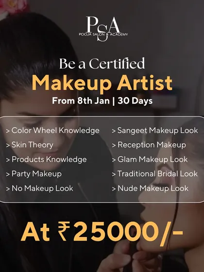 This poster details my 30-day certified makeup artist course. It covers everything from color wheel theory and skin prep to creating 7 distinct looks like bridal, sangeet, and glam makeup.