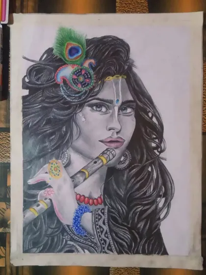 A portrait of Lord Krishna, created with a mix of graphite for the face and hair, and color pencils for the flute and peacock feather. This blend of styles creates a unique visual effect.
