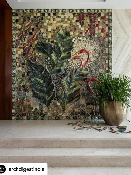 I have a deep love for collaborating with Indian artisans. This magnificent 30-foot ceramic mural, featuring flamingos among tropical leaves, was created piece by piece. It’s a unique, handcrafted feature that brings so much personality and a touch of the wild into the home.