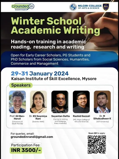 Another poster from the Winter School in Mysore, this one highlighting the hands-on training in academic reading, research, and writing. These events are crucial for building the next generation of confident academic authors.
