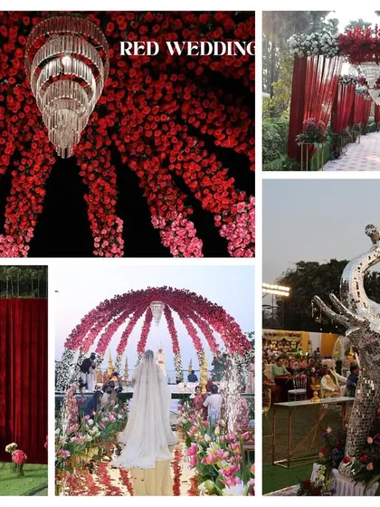 A look at a grand "Red Wedding" theme. I use dramatic elements like a ceiling of red roses, a majestic elephant installation, and a stunning floral dome to create a cohesive and opulent wedding experience.