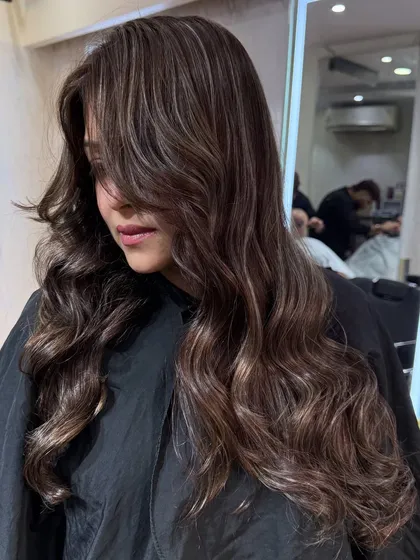 Another angle of the smokey ash masterpiece. The soft curls help to showcase the intricate placement of the babylights and the overall cool, ashy vibe.