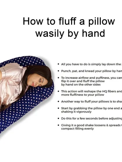 An infographic explaining 'How to fluff a pillow', providing useful, value-added content to the customer alongside the product images.