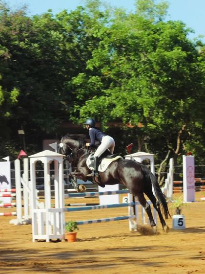 A focused shot of a rider and horse clearing a jump at the Auroville Horse Show, highlighting the competitive spirit of my team.