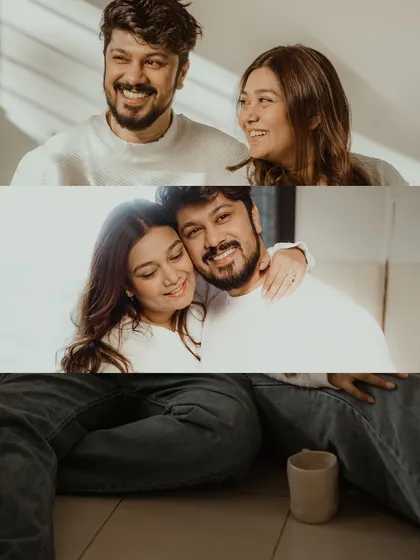 A creative collage that blends different moments from the same casual session. It tells a small story of their morning together, filled with smiles and affection.