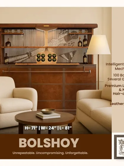 A detailed look at the Bolshoy automated bar. This unit is engineered to hold up to 100 bottles and glasses, featuring premium leather, natural hair-on-hide, and an intelligent safety mechanism for secure operation.
