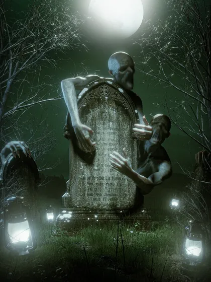 A classic horror scene of a creature rising from its grave, surrounded by spectral energy. This image highlights my focus on lighting, texture, and composition to build suspense and create a powerful, cinematic moment.