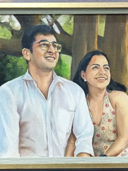 For this couple's portrait, the client requested a slightly impressionistic style. I kept the faces realistic while using looser brushstrokes for the background, creating a beautiful, artistic piece.