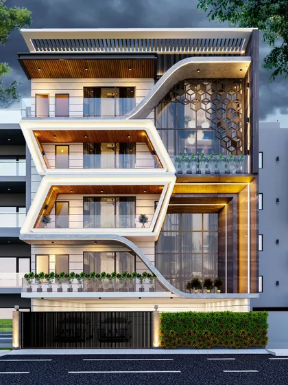 I designed this modern facade with dramatic, angular white forms that frame the balconies and windows. This creates a strong visual contrast with the recessed glass and a decorative hexagonal screen, resulting in a bold and contemporary residential building.