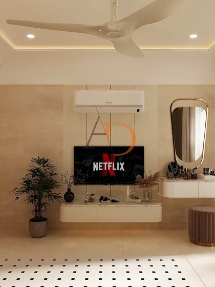 A minimalist and chic bedroom TV and vanity setup, featuring a floating console and mirror against a textured beige wall.