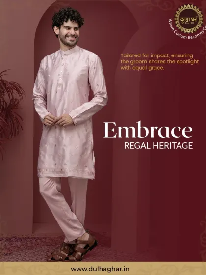 Embrace regal heritage. A full look of a groom in a light pink embroidered kurta, tailored for impact and grace.