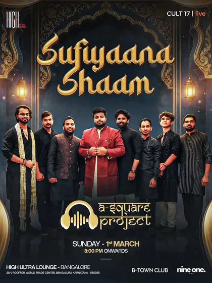 The poster for "Sufiyana Shaam," a rooftop Sufi music night. The elegant, ornate design perfectly matches the theme of the event, attracting a specific audience looking for a soulful experience.