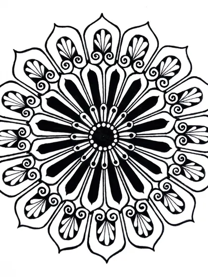 An intricate floral mandala with sharp, ray-like petals. The contrast between the solid black lines and the white space makes the design pop.