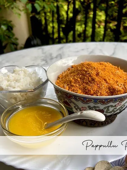 This is comfort in a bowl. My Pappullu Podi, made from fried Bengal gram and spices, served the traditional way with hot steamed rice and a spoonful of golden ghee. It’s a simple, wholesome meal that will remind you of home.