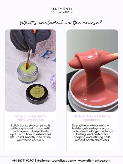 Our Summer Crash Course covers both Acrylic Extensions and Builder Gel. Learn to build strong, structured nails with acrylic and master gentle, long-lasting overlays with builder gel.