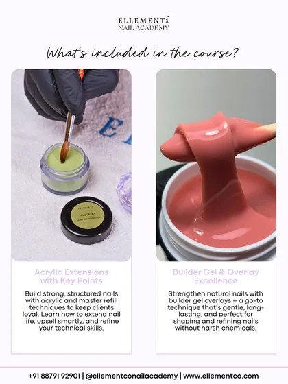 Our Summer Crash Course covers both Acrylic Extensions and Builder Gel. Learn to build strong, structured nails with acrylic and master gentle, long-lasting overlays with builder gel.