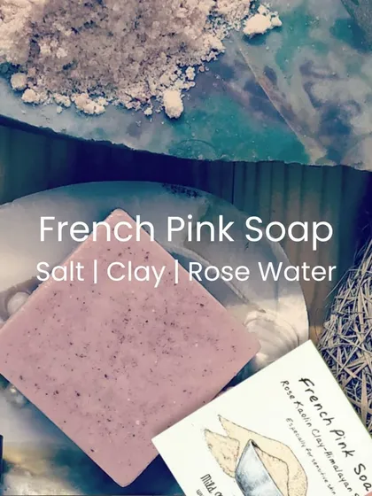 Our French Pink Soap, made with gentle clay, Himalayan salt, and rose water. It's specially formulated for sensitive skin and can even be used for a quick, detoxifying salt bath.