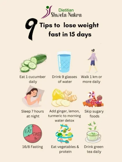 Want to lose weight fast in 15 days? This infographic provides 9 simple, actionable tips like eating a cucumber daily, drinking 9 glasses of water, and getting 7 hours of sleep.