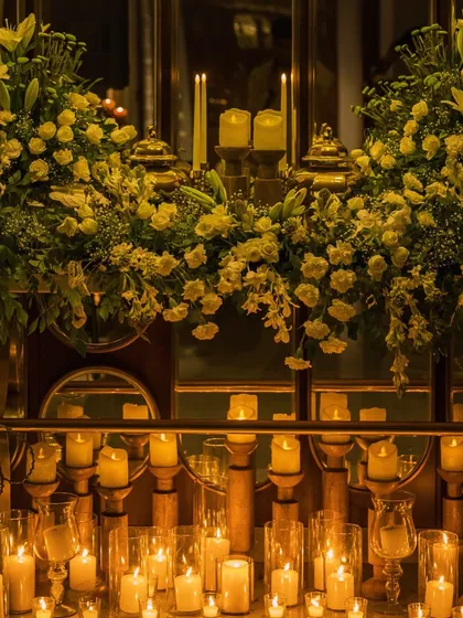 A stunning Diwali decor setup, with a cascade of candles creating a warm, magical glow. The scene is topped with lush arrangements of yellow flowers, embodying the spirit of the festival of lights.