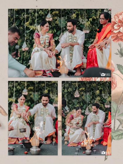 A collage of the couple performing rituals around the sacred fire, surrounded by their parents.