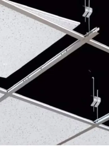 These images provide a technical look at a suspended grid ceiling system. They show the T-grid channels, hooks, clips, and fiber boards used to create a neat and functional false ceiling.