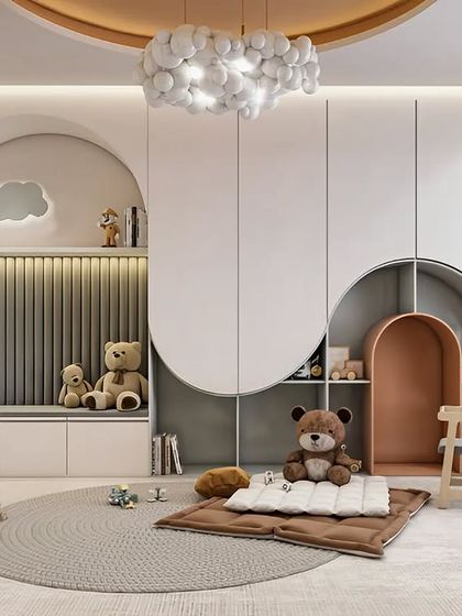 Another view of the playroom, showing the built-in bench seating with storage and a fun, kid-friendly art station.