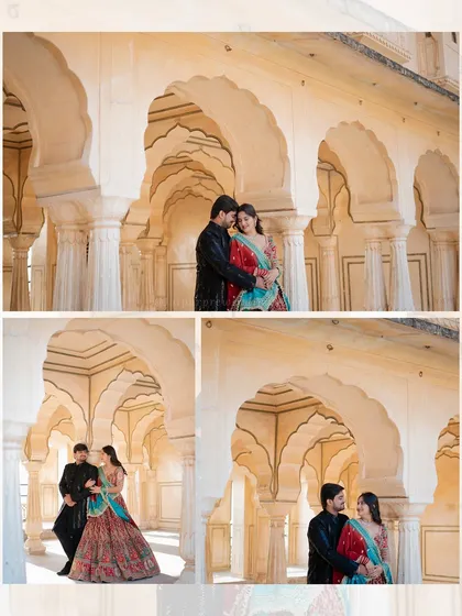 Gaurav and Priya framed by the repeating arches of Chhatris at Gaitore, another stunning heritage location we use for royal shoots.