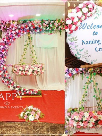 A collage showing our naming ceremony decor, including a floral moon cradle and a matching "Welcome to Naming Ceremony" sign.